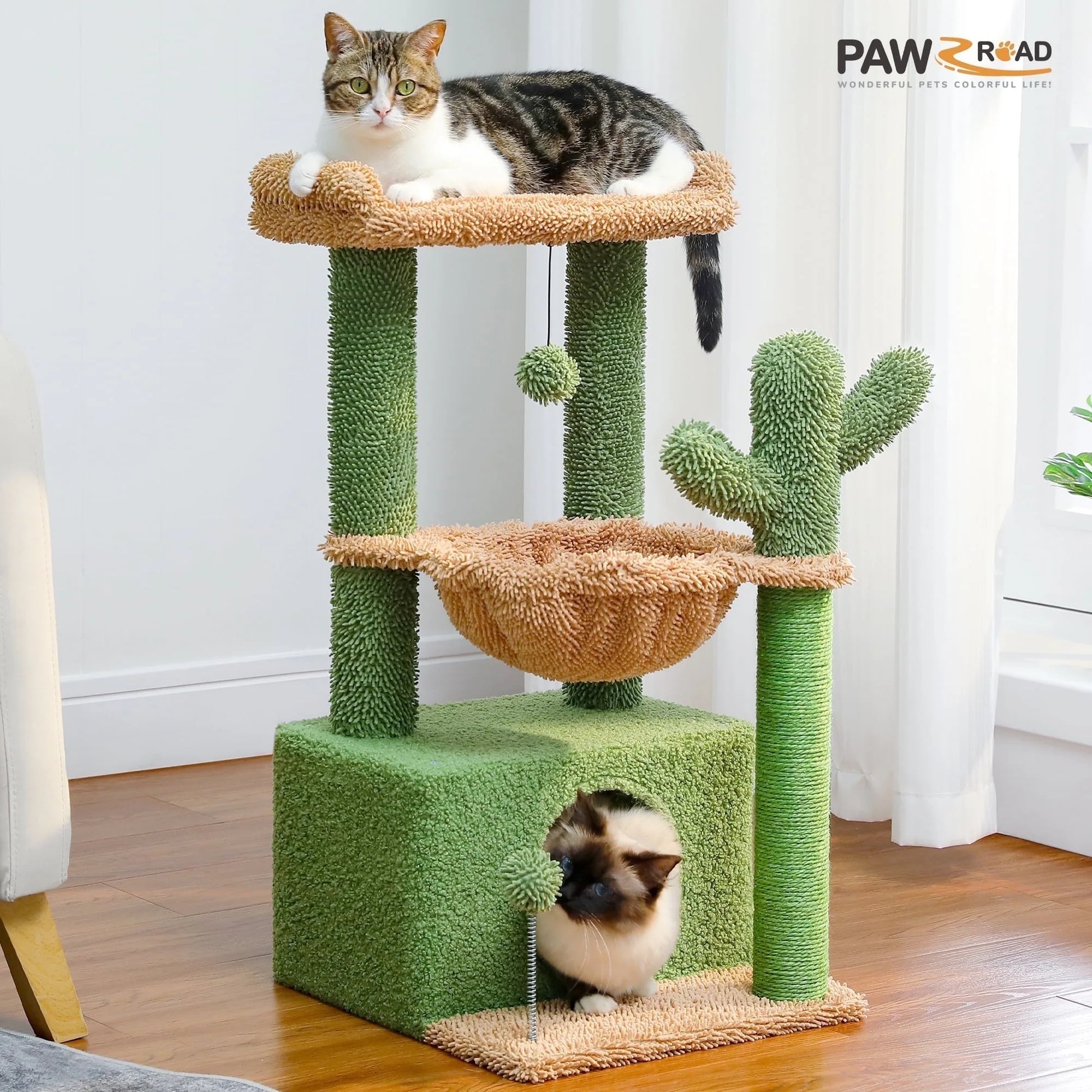 33" Cute Cactus Cat Tree with Scratching Post, Perch, & Hammock