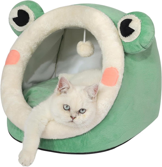 Cute Cat Bed, Indoor Lovely Velvet Igloo for Cat, Warm Cave Sleeping Nest Bed for Puppy and Kitten, Green Frog, S