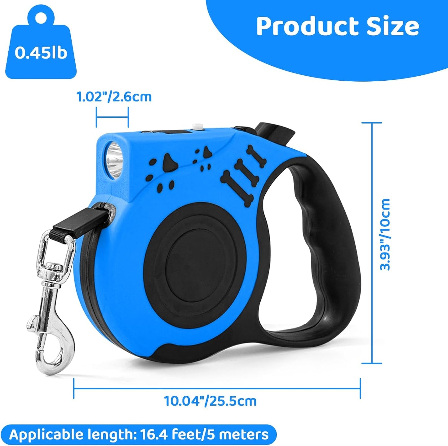 Retractable Dog Leash with USB Rechargeable Flashlight for Night Walks, 16FT Automatic Telescopic Tractor Dog Leash for Small and Medium Dogs, Blue