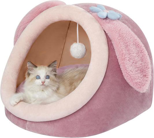 Cute Cat Bed for Indoor, Cats Warm Soft Cave Fit for Cat up to 16 Lb and Puppy, Pink Rabbit, M