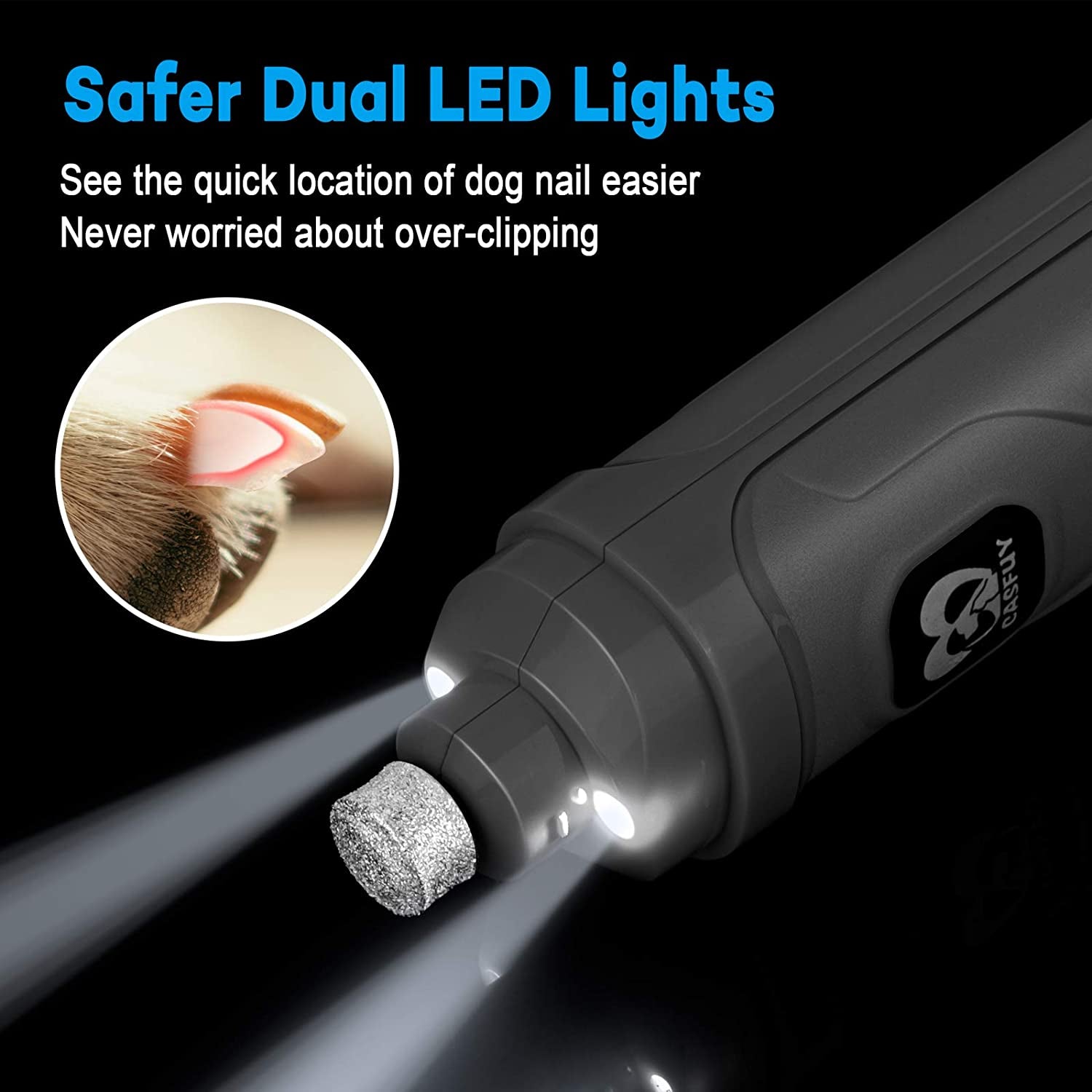 Dog Nail Grinder with 2 LED Light - 2-Speed Powerful Electric Pet Nail Trimmer Professional Quiet Painless Paws Grooming for Small Medium Large Dogs and Cats (Grey)