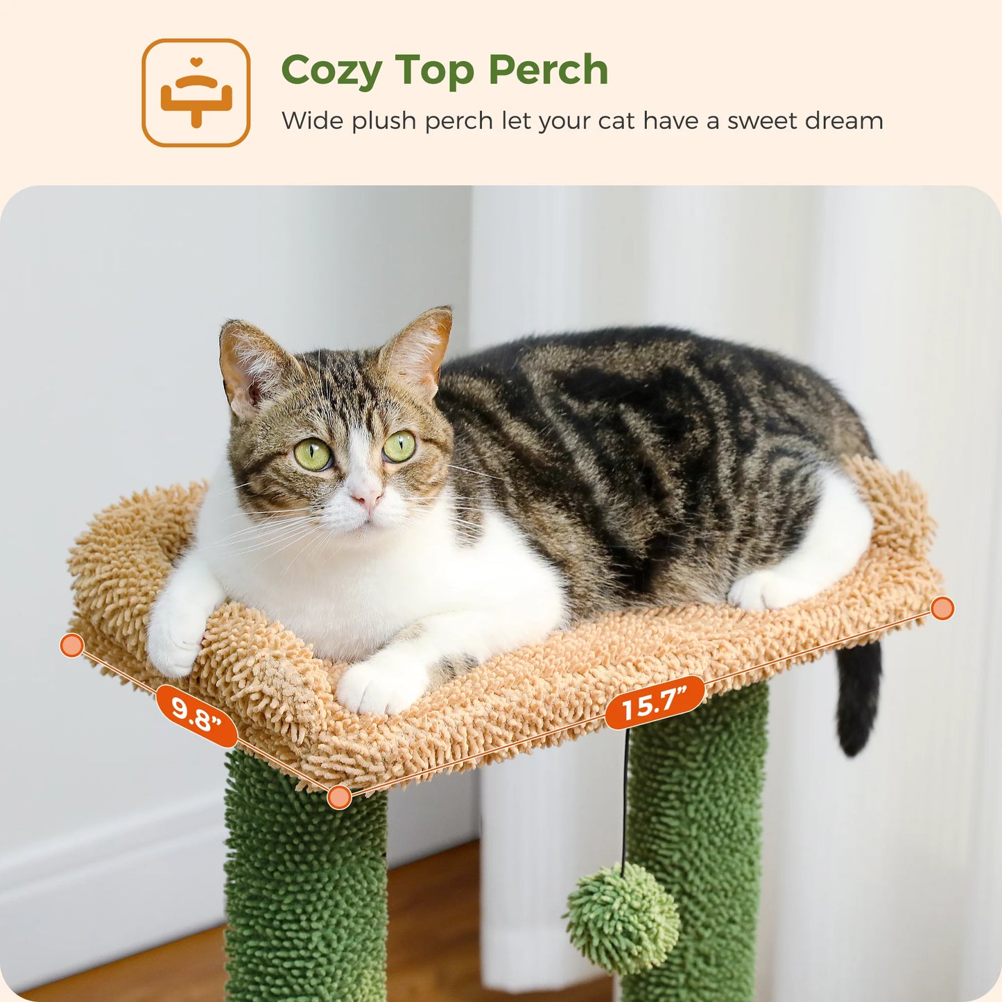 33" Cute Cactus Cat Tree with Scratching Post, Perch, & Hammock