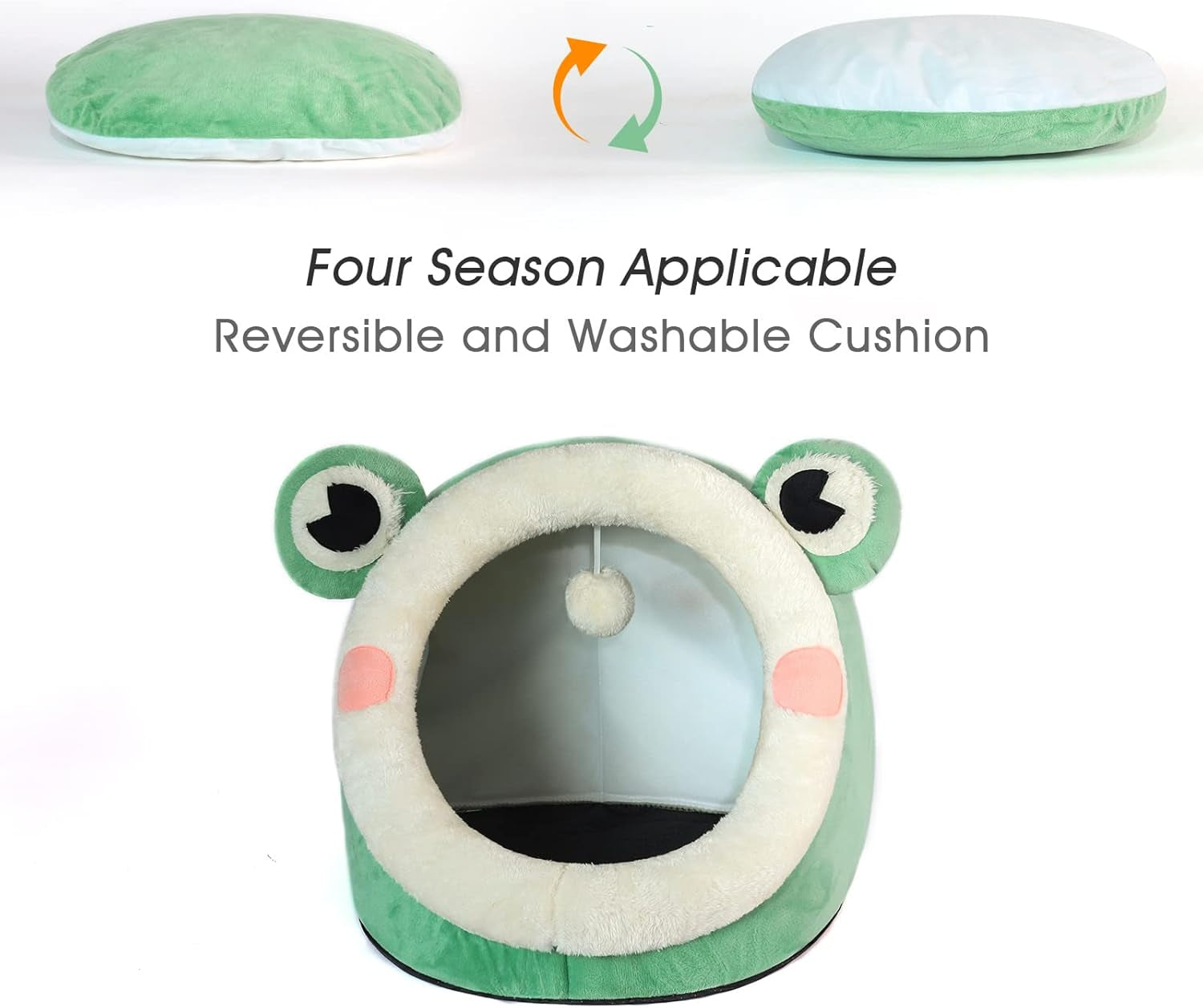 Cute Cat Bed, Indoor Lovely Velvet Igloo for Cat, Warm Cave Sleeping Nest Bed for Puppy and Kitten, Green Frog, S