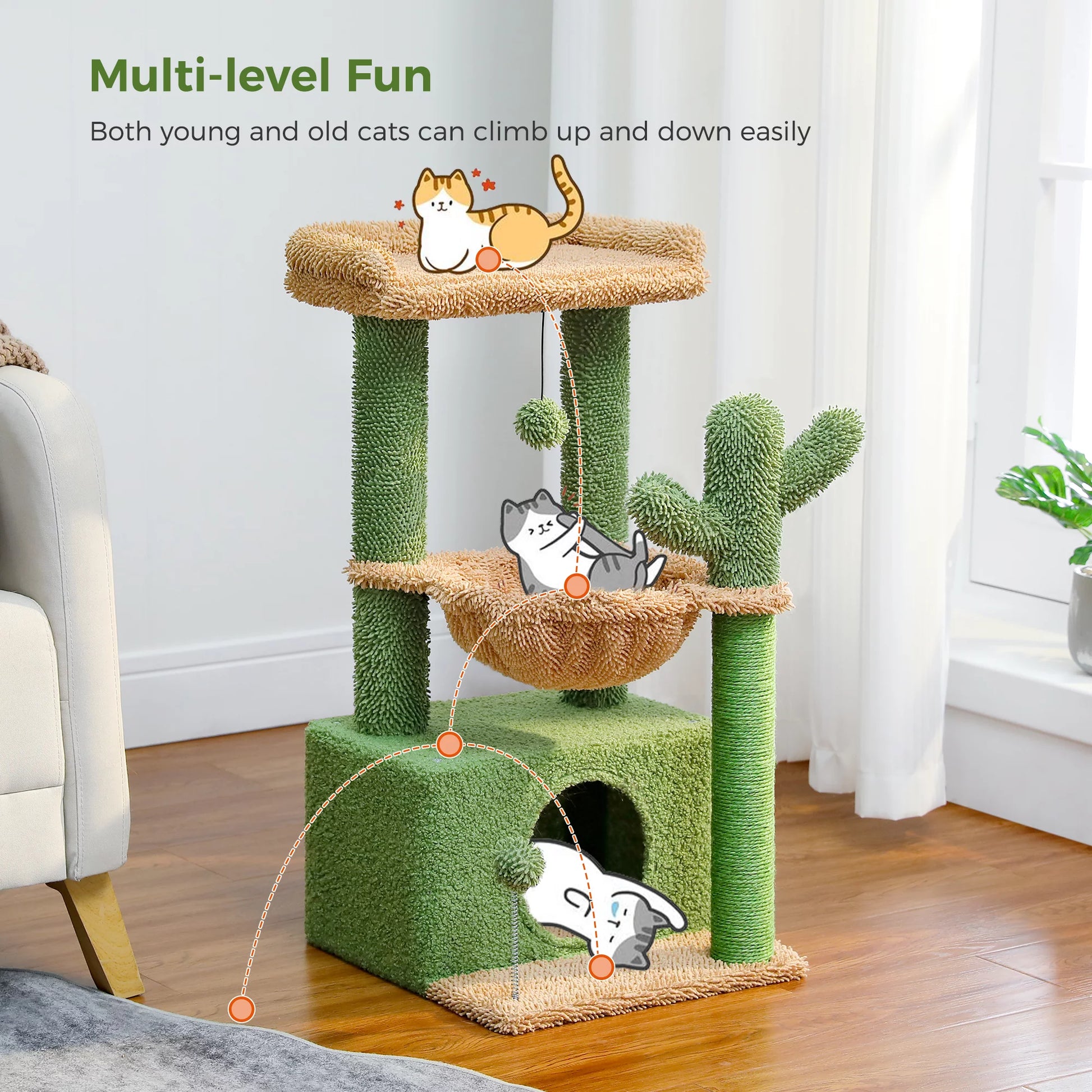 33" Cute Cactus Cat Tree with Scratching Post, Perch, & Hammock