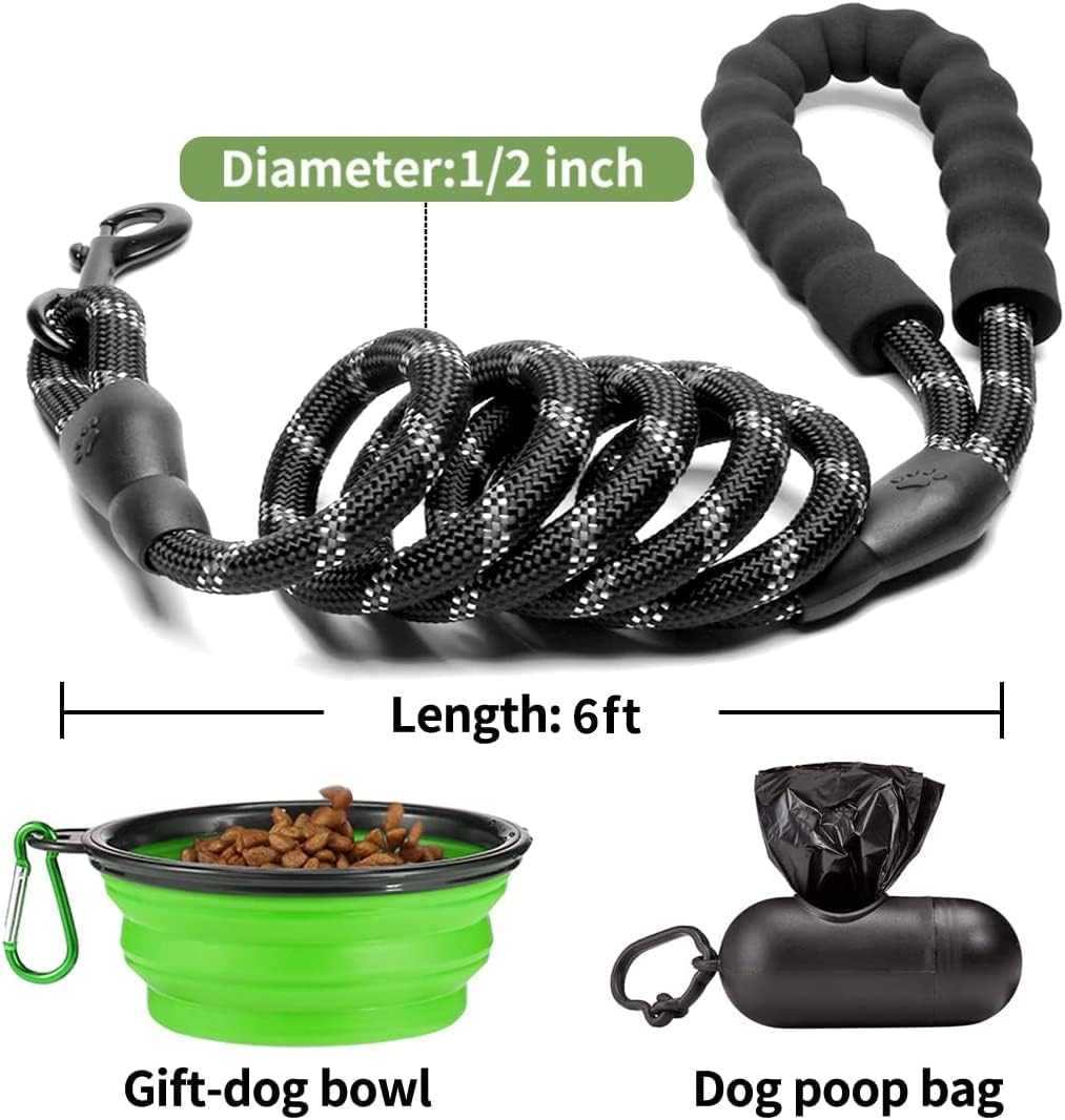 2 Pack Dog Leash 6 FT Heavy Duty - Comfortable Padded Handle - Reflective Dog Leash for Medium Large Dogs with Collapsible Pet Bowl Set 6-Black+Green