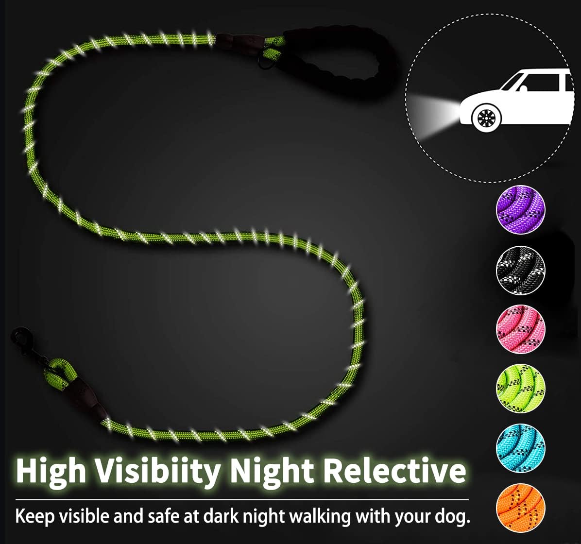 2 Pack Dog Leash 6 FT Heavy Duty - Comfortable Padded Handle - Reflective Dog Leash for Medium Large Dogs with Collapsible Pet Bowl Set 6-Black+Green