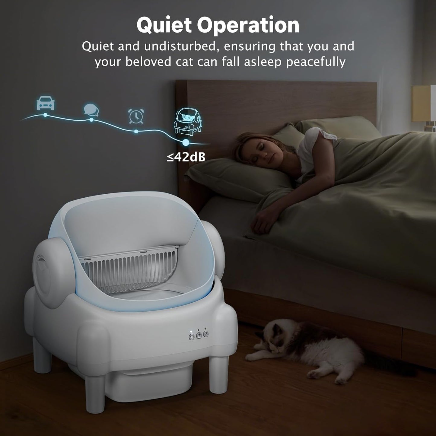 Automatic Litter Box with App Control for Multiple Cats, Safety Sensors Protection, Odor Control, Includes 2 Roll Liners, Large Waste Bin, Cream White