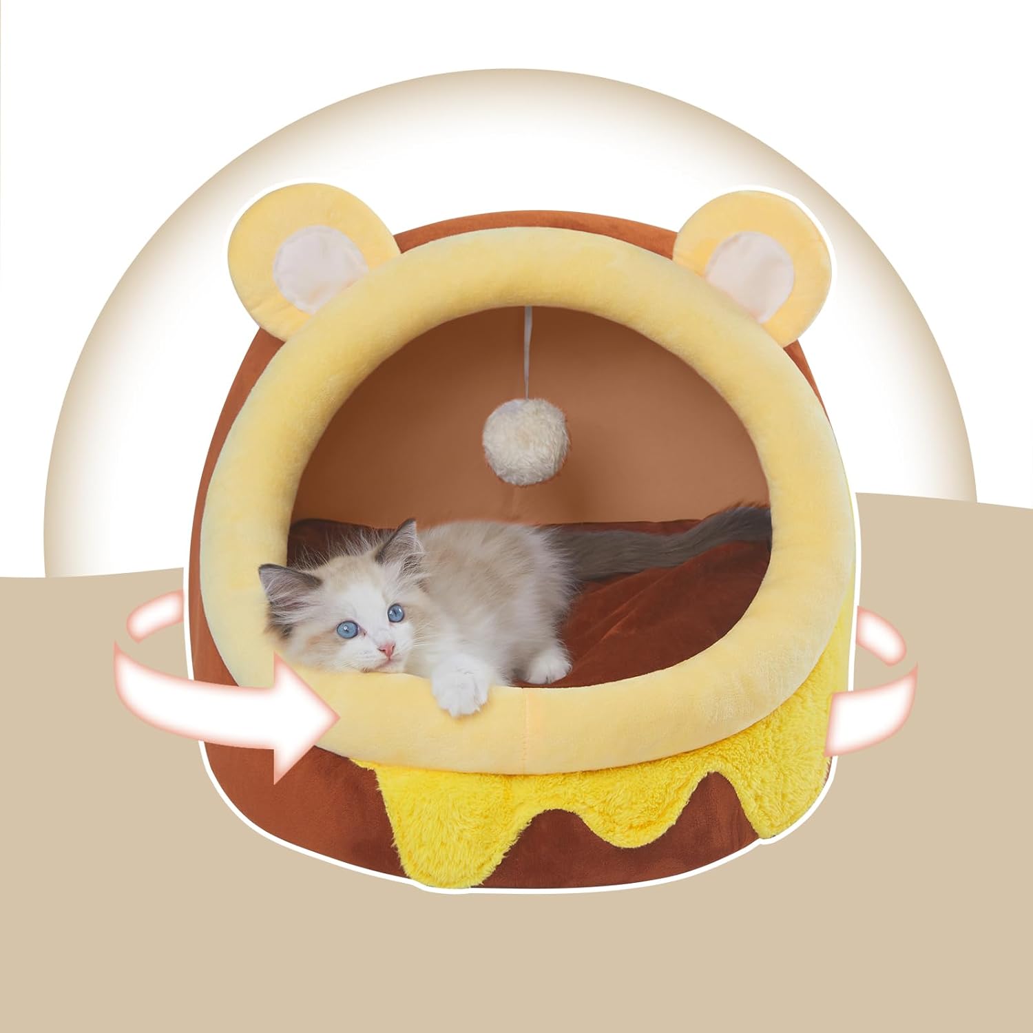 Cute Cat Bed for Indoor Cats, Warm Soft Cave Fit for Cat up to 16 Lb and Puppy, Honeypot, M