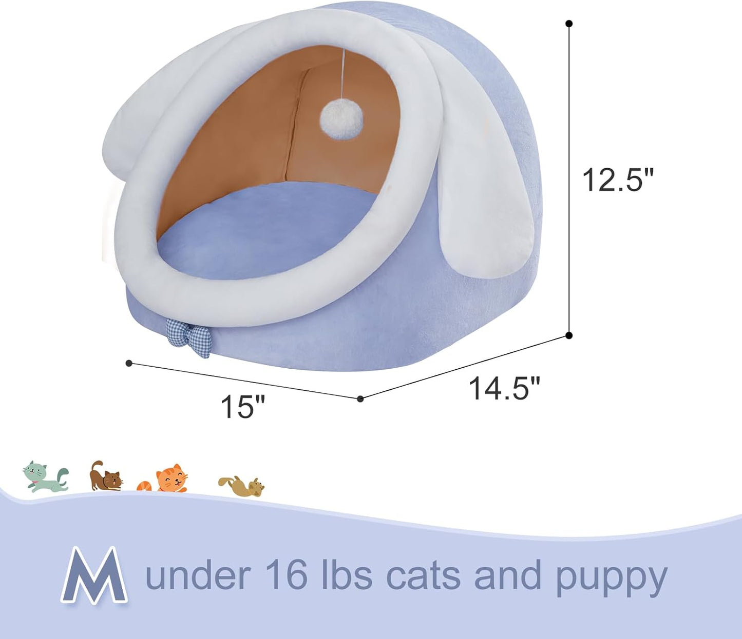 Cute Cat Bed for Indoor Cats, Warm Soft Cave Fit for Cat up to 16 Lb and Puppy, Big Ear, M
