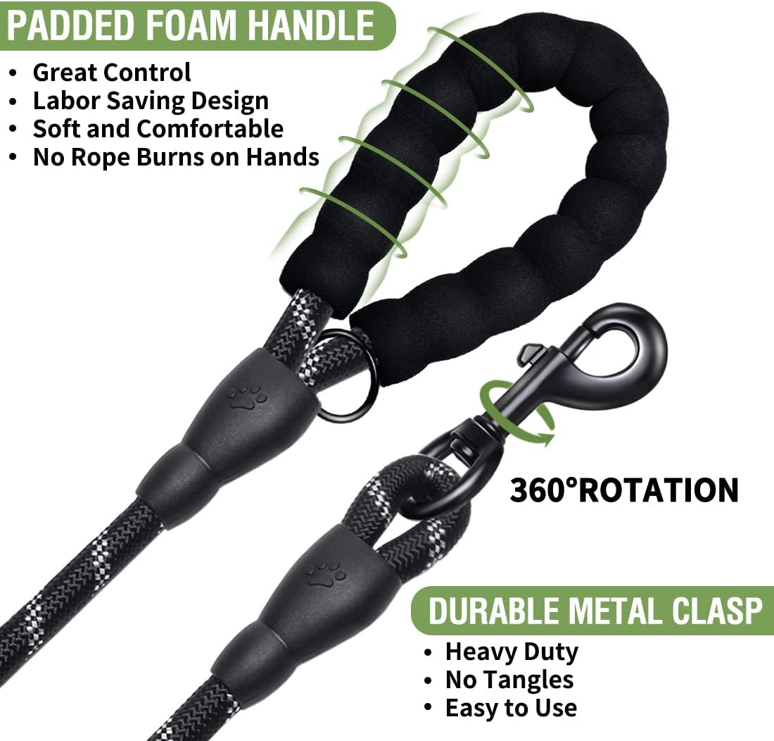 2 Pack Dog Leash 6 FT Heavy Duty - Comfortable Padded Handle - Reflective Dog Leash for Medium Large Dogs with Collapsible Pet Bowl Set 6-Black+Green