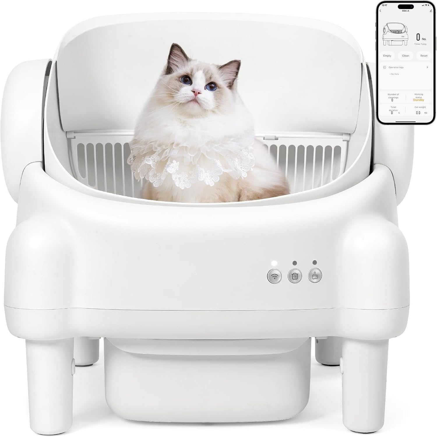Automatic Litter Box with App Control for Multiple Cats, Safety Sensors Protection, Odor Control, Includes 2 Roll Liners, Large Waste Bin, Cream White