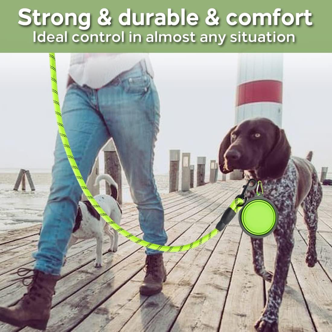 2 Pack Dog Leash 6 FT Heavy Duty - Comfortable Padded Handle - Reflective Dog Leash for Medium Large Dogs with Collapsible Pet Bowl Set 6-Black+Green