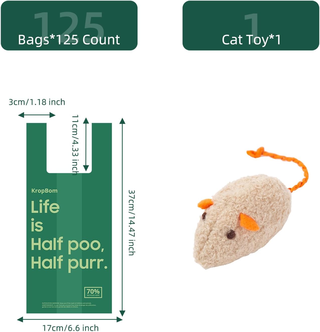 125 Count Cat Poop Bags with Handles, Disposable Litter Bags for Pet Poop, Extra-Thick Kitty Cat Waste Bags Easy Tie Leak-Proof Strengthen Unscented (Made of 70% Recycled Plastic)