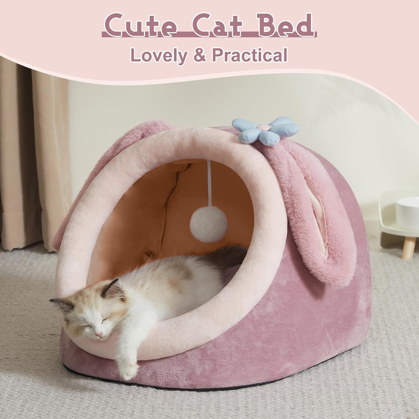 Cute Cat Bed for Indoor, Cats Warm Soft Cave Fit for Cat up to 16 Lb and Puppy, Pink Rabbit, M