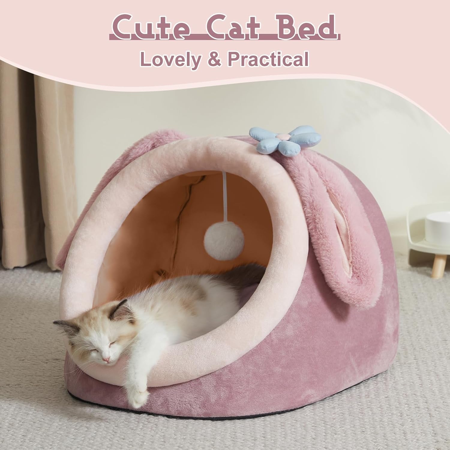 Cute Cat Bed for Indoor, Cats Warm Soft Cave Fit for Cat up to 16 Lb and Puppy, Pink Rabbit, M