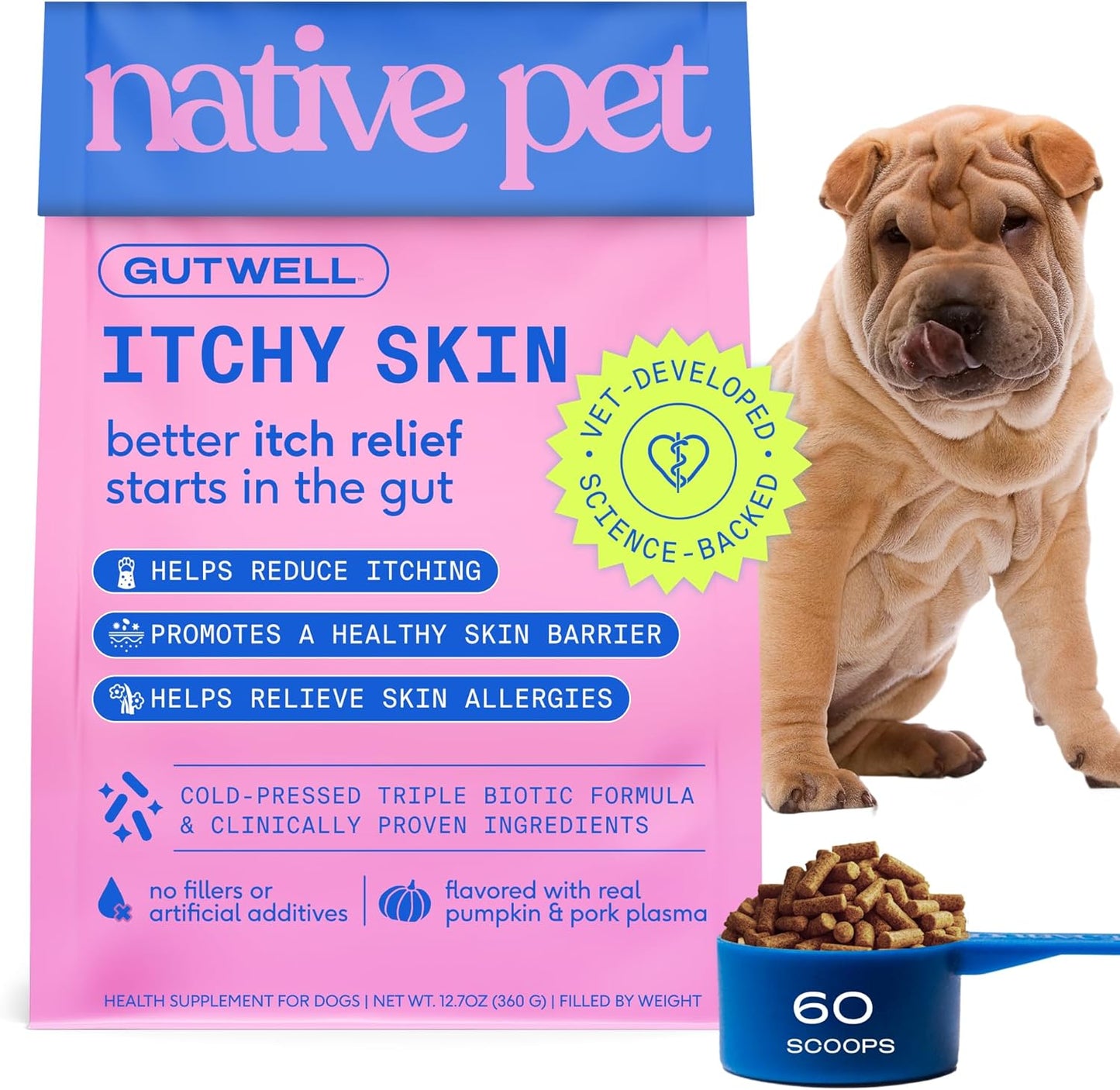 Gutwell Itchy Skin - Dog Itching Skin Relief & Seasonal Allergy Itch Relief for Dogs - 60 Scoops