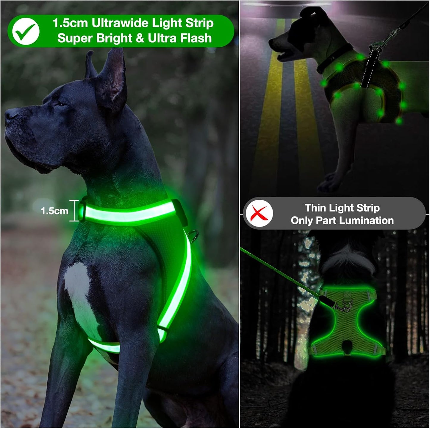 Light up Dog Harness, No Pull Led Dog Harness Glow-In-The-Dark for Night Walking, USB Rechargeable Lighted Safety Vest for Small Dogs, Adjustable Soft Mesh Fully Illuminated (Green, Small)