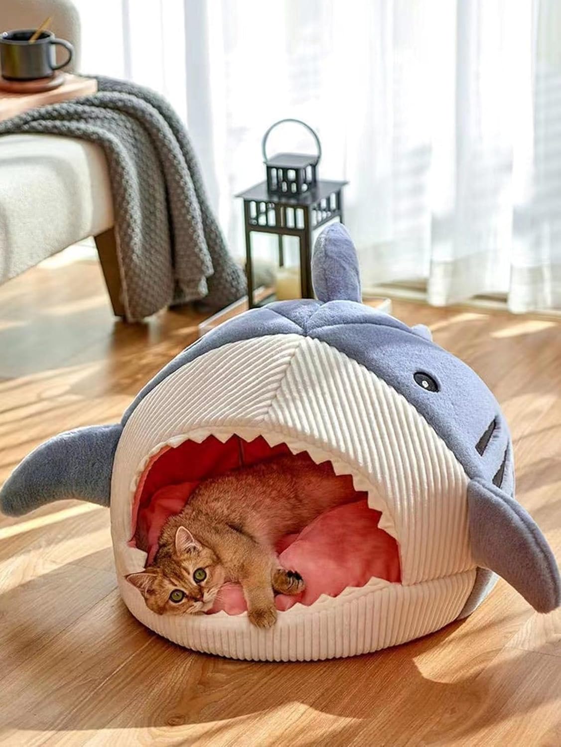 Shark-Shaped Kennel Kitten Bed Hideout House Warm Soft Comfortable Semi-Closed Cat Dog Nest Blue