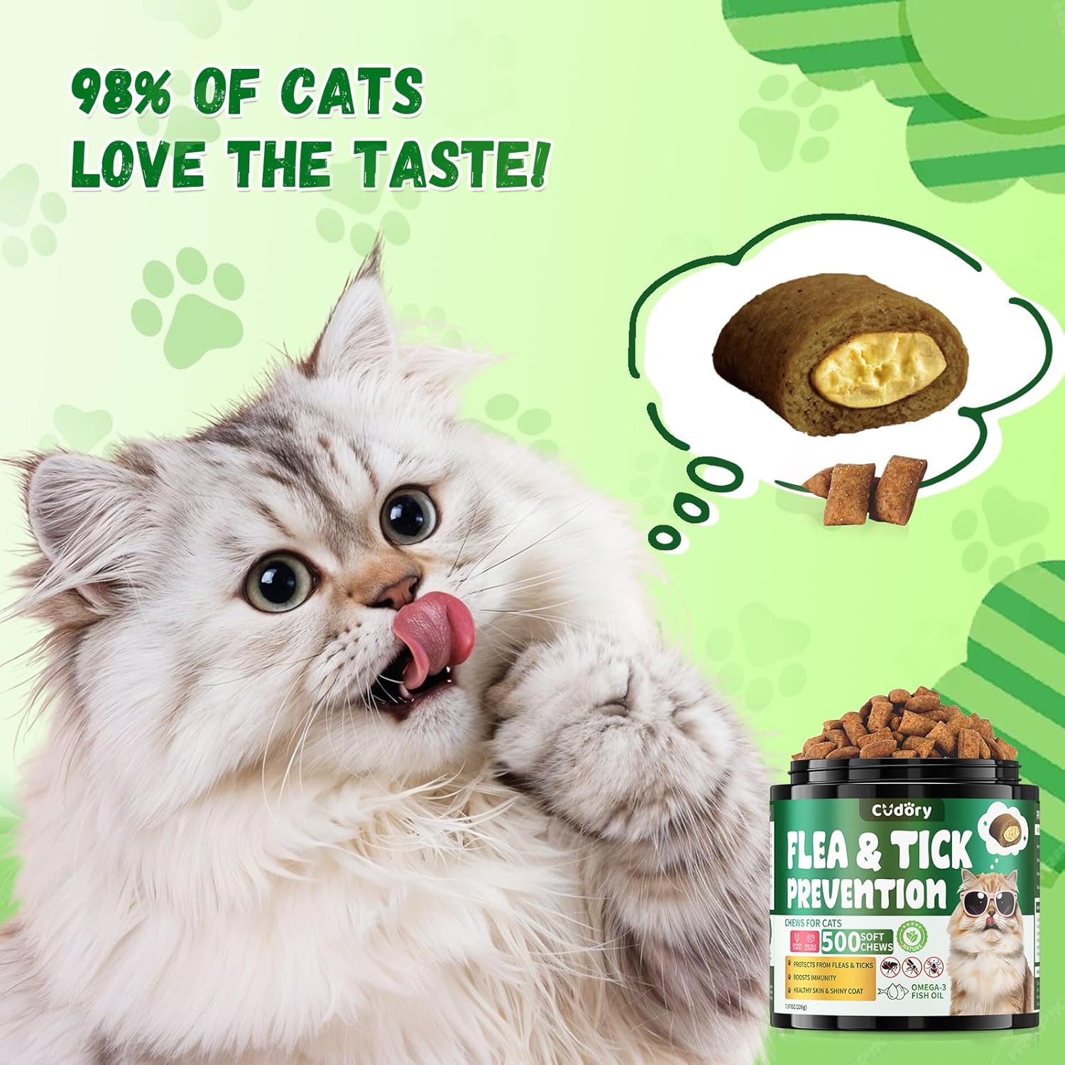 Flea and Tick Prevention for Cats – 500 Crunchy & Creamy Chews, Cat Flea Chewables with Skin & Coat Support – Oral Supplement for All Breeds & Ages – Natural Chicken Flavor