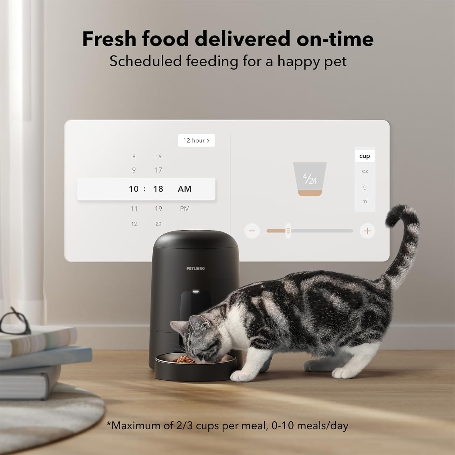 Automatic Cat Feeder, Wi-Fi Rechargeable Cats Food Dispenser Battery-Operated with 30-Day Life, AIR 2.4G Wi-Fi Timed Pet Feeder for Cats & Dogs, 2L Auto Cat Feeder, Black
