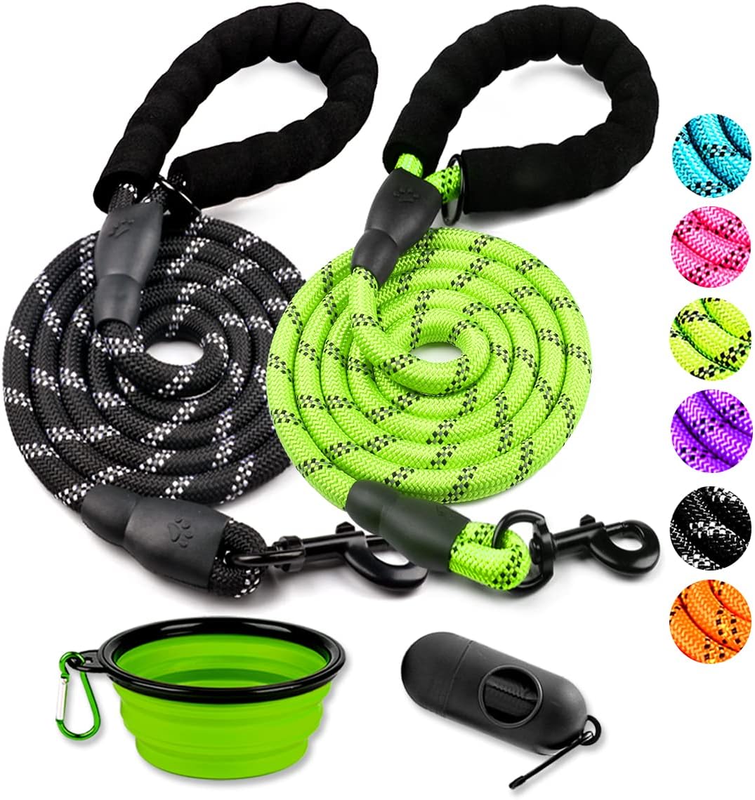 2 Pack Dog Leash 6 FT Heavy Duty - Comfortable Padded Handle - Reflective Dog Leash for Medium Large Dogs with Collapsible Pet Bowl Set 6-Black+Green
