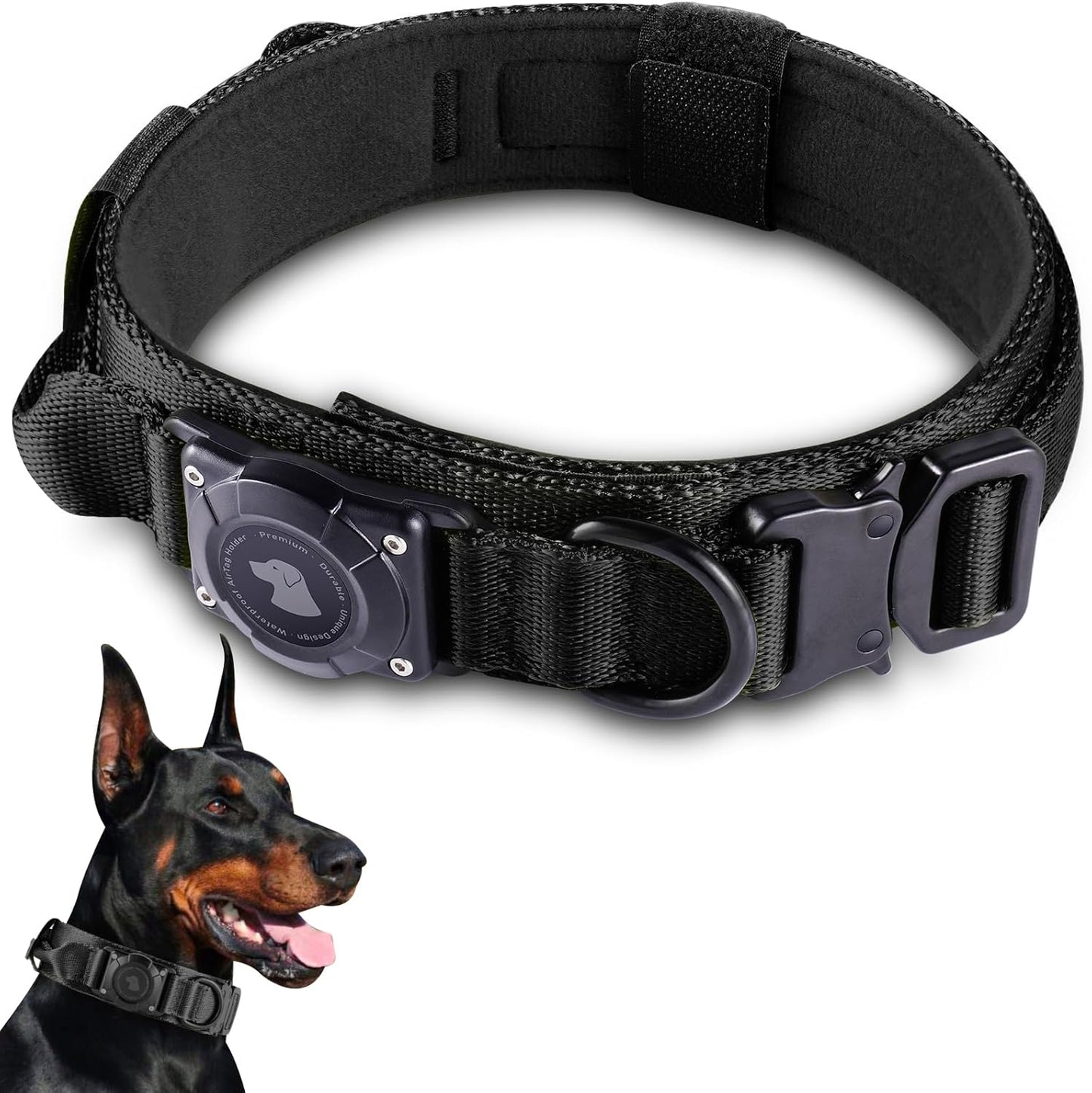 2025 Upgrade Waterproof Airtag Dog Collar, Military Tactical Dog Collar with Airtag Holder, Comfortable Control Handle and Metal Buckle, GPS Dog Collar Holder for Medium to Large Dogs (Armygreen, L)