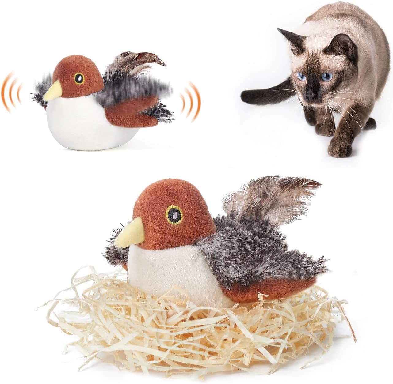 Cat Toys Rechargeable Flapping Bird Sparrow, Lifelike Chirp Tweet, Touch Activated Cat Toy, Catnip Toy
