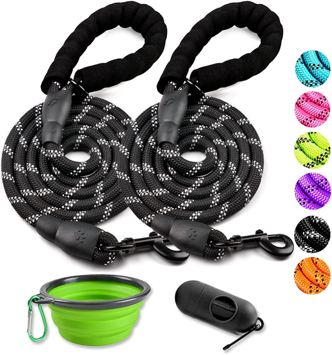 2 Pack Dog Leash 6 FT Heavy Duty - Comfortable Padded Handle - Reflective Dog Leash for Medium Large Dogs with Collapsible Pet Bowl Set 6-Black+Green