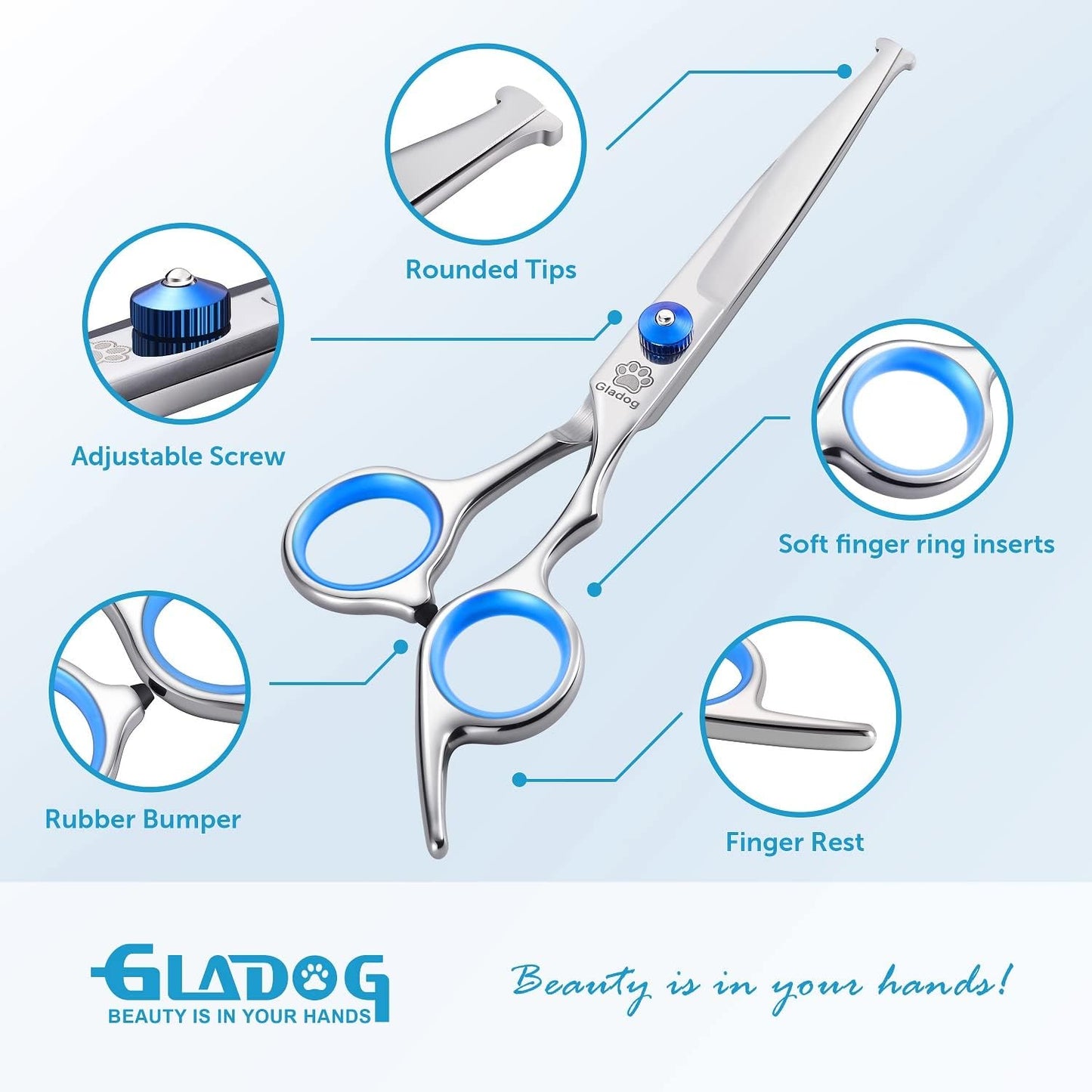Professional 5 in 1 Grooming Scissors Set with Safety round Tips, Sharp and Heavy-Duty Pet Grooming Shears