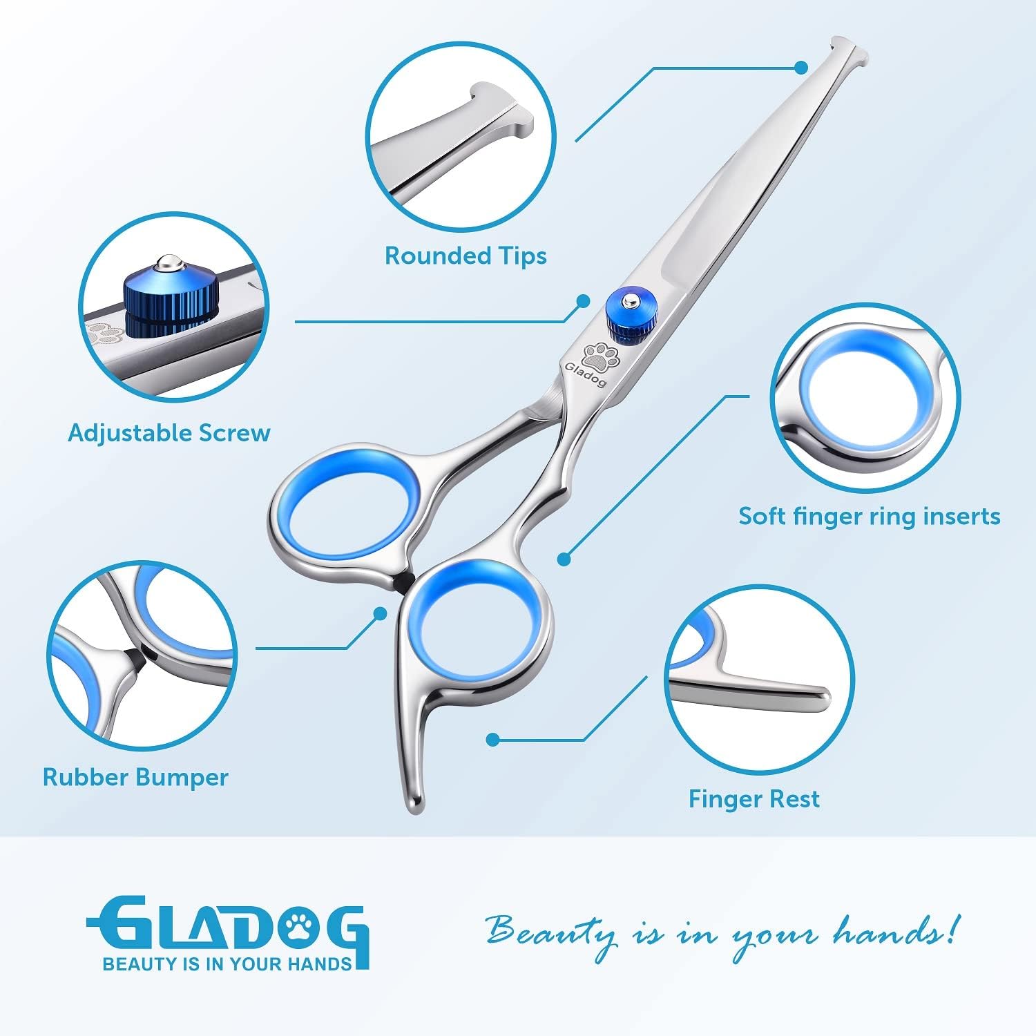 Professional 5 in 1 Grooming Scissors Set with Safety round Tips, Sharp and Heavy-Duty Pet Grooming Shears