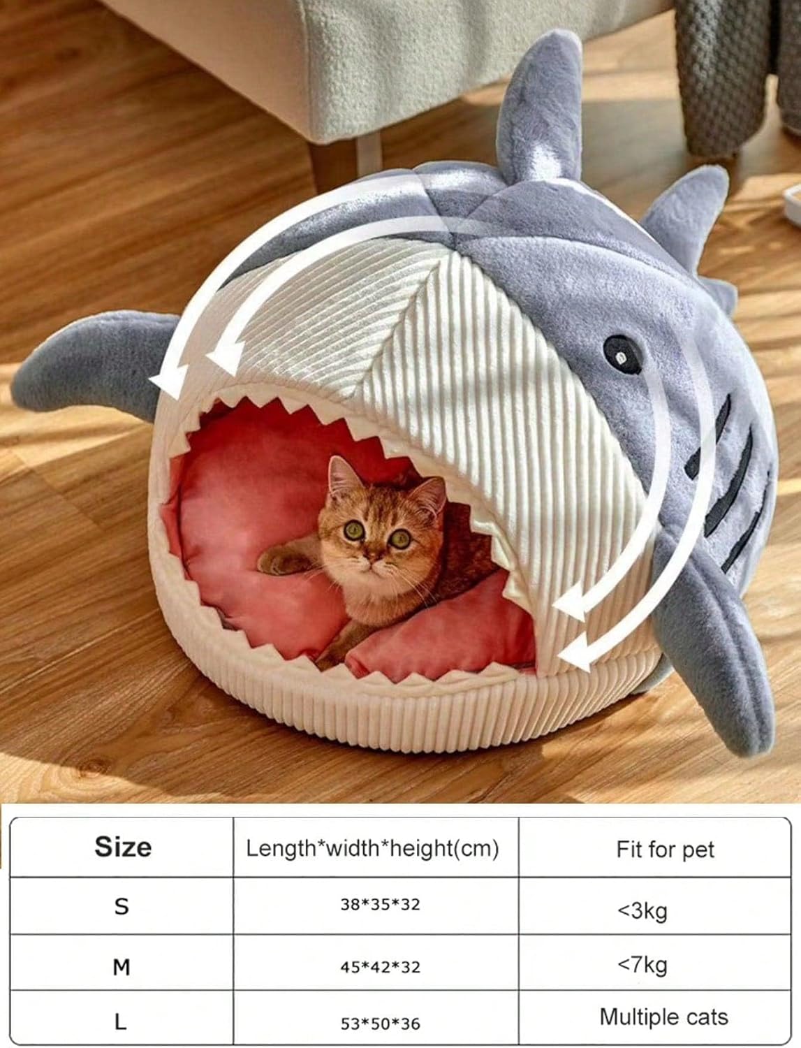 Shark-Shaped Kennel Kitten Bed Hideout House Warm Soft Comfortable Semi-Closed Cat Dog Nest Blue