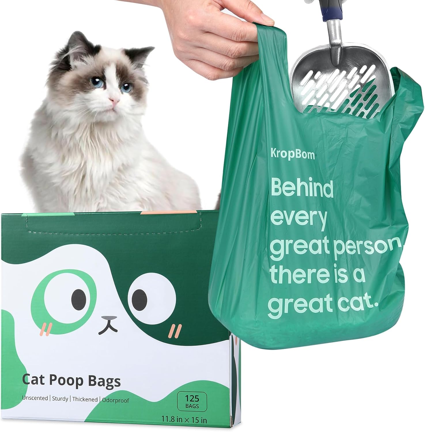 125 Count Cat Poop Bags with Handles, Disposable Litter Bags for Pet Poop, Extra-Thick Kitty Cat Waste Bags Easy Tie Leak-Proof Strengthen Unscented (Made of 70% Recycled Plastic)