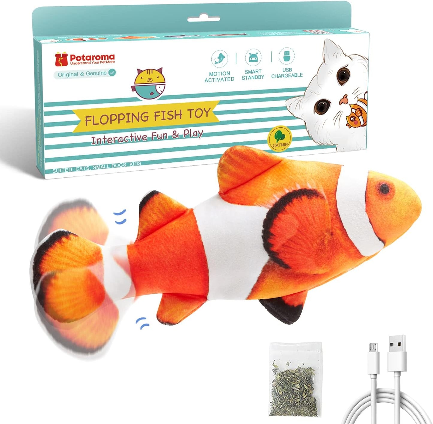 Cat Toy Flopping Fish with Catnip, Moving Kitten Kicker, Floppy Wiggle Fish, Interactive Motion Exercise Toy, 10.5 Inches