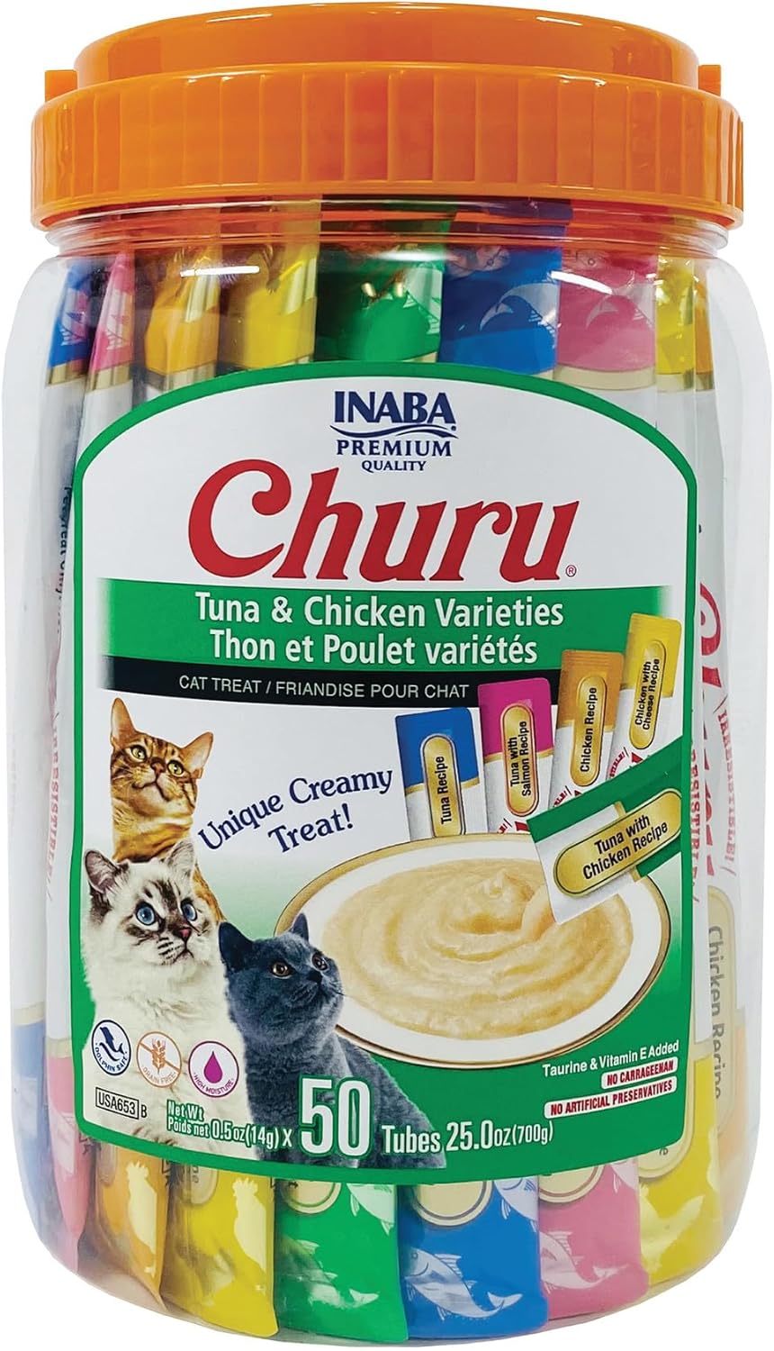 Churu Cat Treats, Grain-Free, Squeezable Purée Cat Treat/Topper with Vitamin E & Taurine, 0.5 Ounces Each Tube, 50 Tubes, Tuna & Chicken Variety