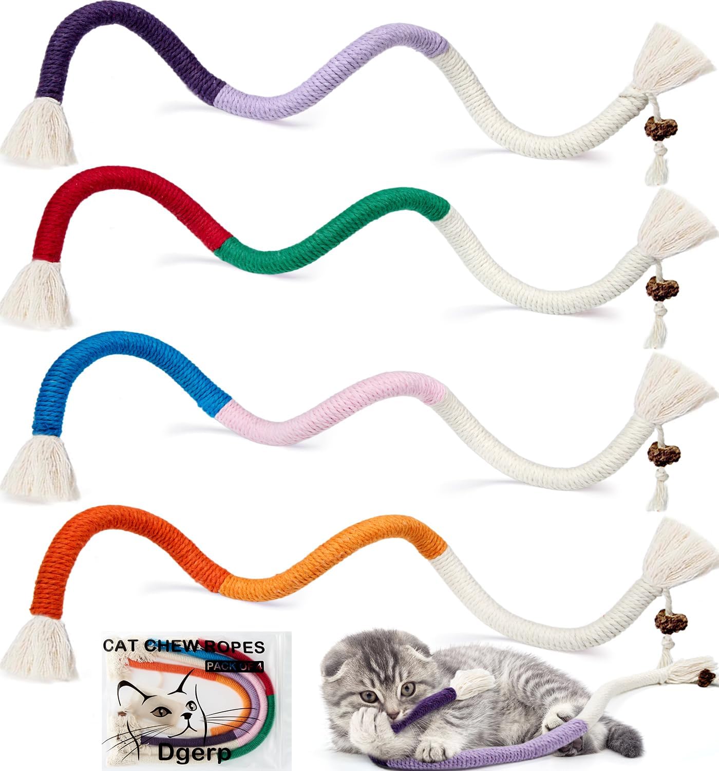 Cat Chew Ropes 4Pcs, Cat Toys for Indoor Cats with Refillable Natural Catnip, Safe Teeth Cleaning Chew Toys(19.5 Inches)