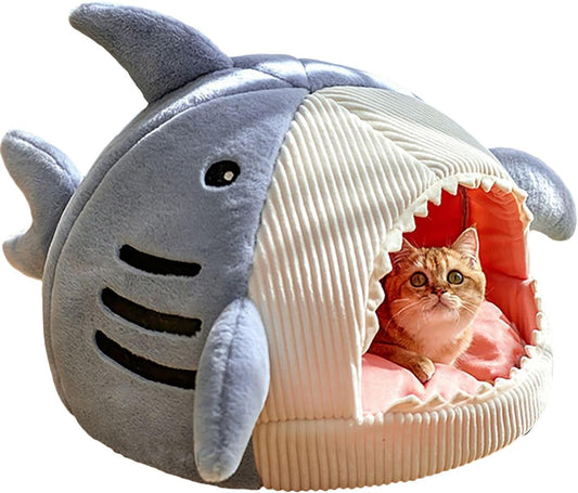 Shark-Shaped Kennel Kitten Bed Hideout House Warm Soft Comfortable Semi-Closed Cat Dog Nest Blue
