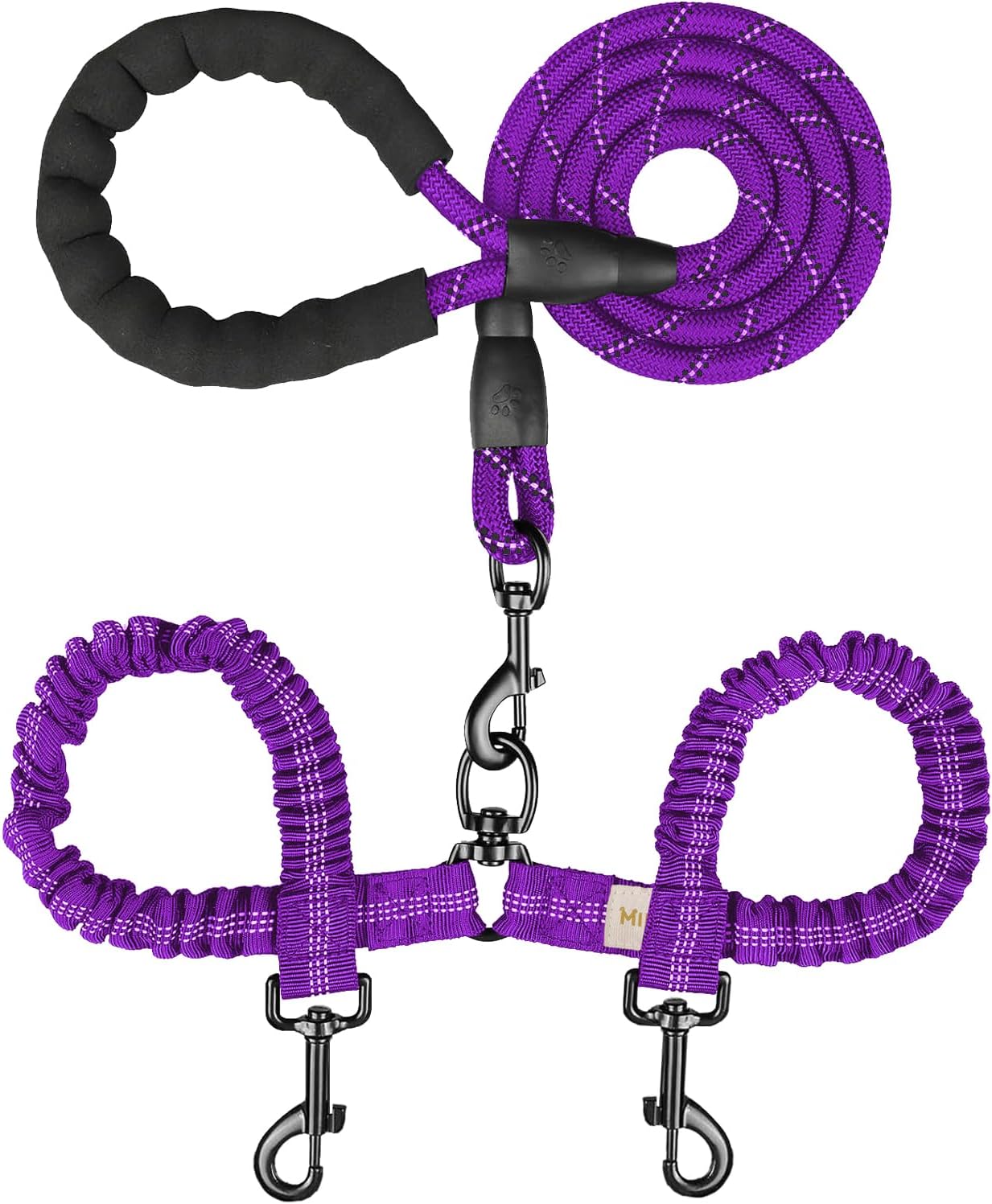 Double Dog Leash, Dual Dog Leash, 360° Swivel Tangle Free Bungee Walking Training for Large Medium Dogs, Shock Absorbing Bungee Reflective for Two Dogs, 18~123 Lbs, Blue