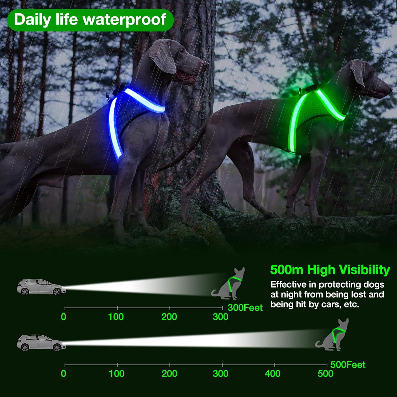 Light up Dog Harness, No Pull Led Dog Harness Glow-In-The-Dark for Night Walking, USB Rechargeable Lighted Safety Vest for Small Dogs, Adjustable Soft Mesh Fully Illuminated (Green, Small)