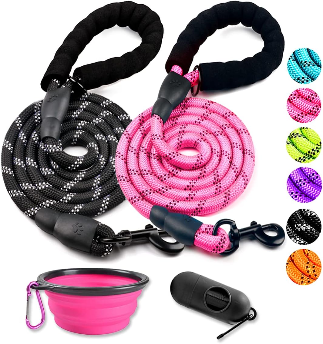 2 Pack Dog Leash 6 FT Heavy Duty - Comfortable Padded Handle - Reflective Dog Leash for Medium Large Dogs with Collapsible Pet Bowl Set 6-Black+Green