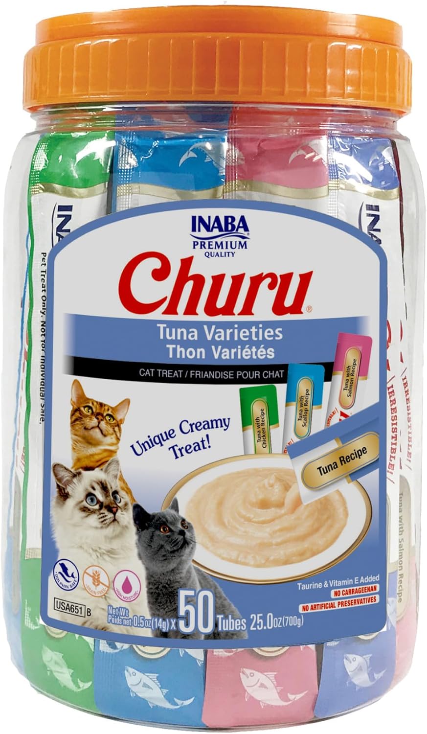 Churu Cat Treats, Grain-Free, Squeezable Purée Cat Treat/Topper with Vitamin E & Taurine, 0.5 Ounces Each Tube, 50 Tubes, Tuna & Chicken Variety