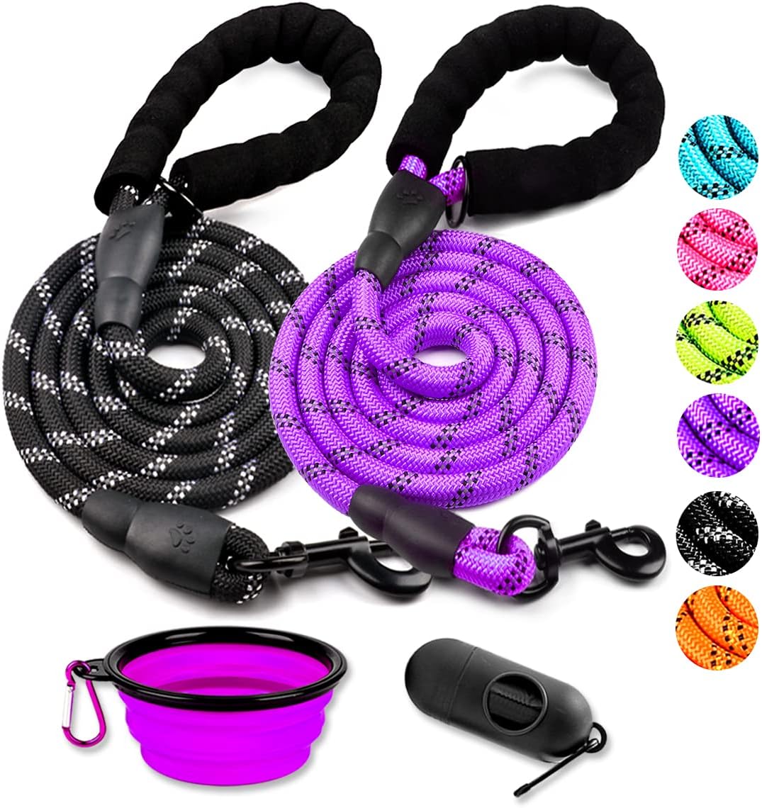 2 Pack Dog Leash 6 FT Heavy Duty - Comfortable Padded Handle - Reflective Dog Leash for Medium Large Dogs with Collapsible Pet Bowl Set 6-Black+Green