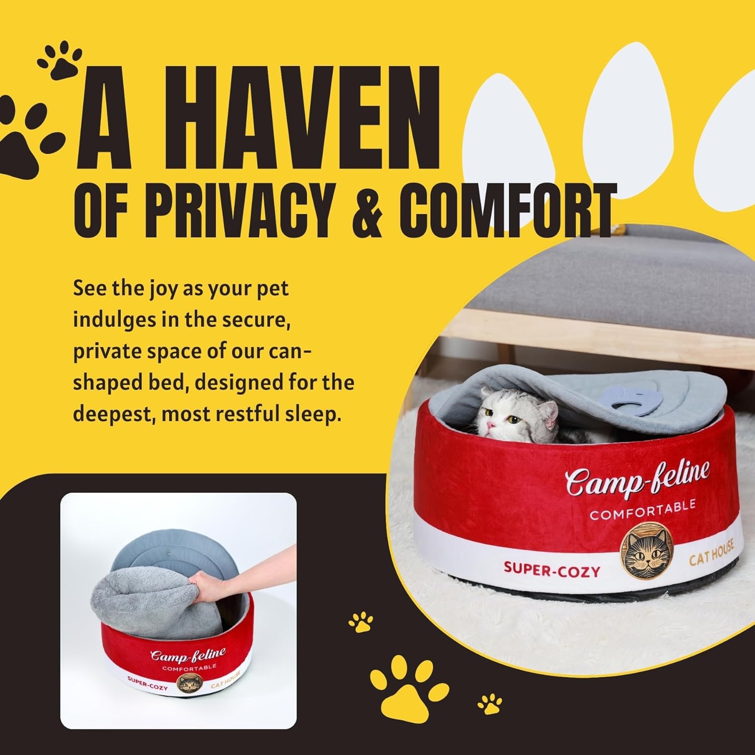 Soup Can-Shaped Cat Bed with Privacy Cover - Comfortable Cushion for Cats & Small Dogs