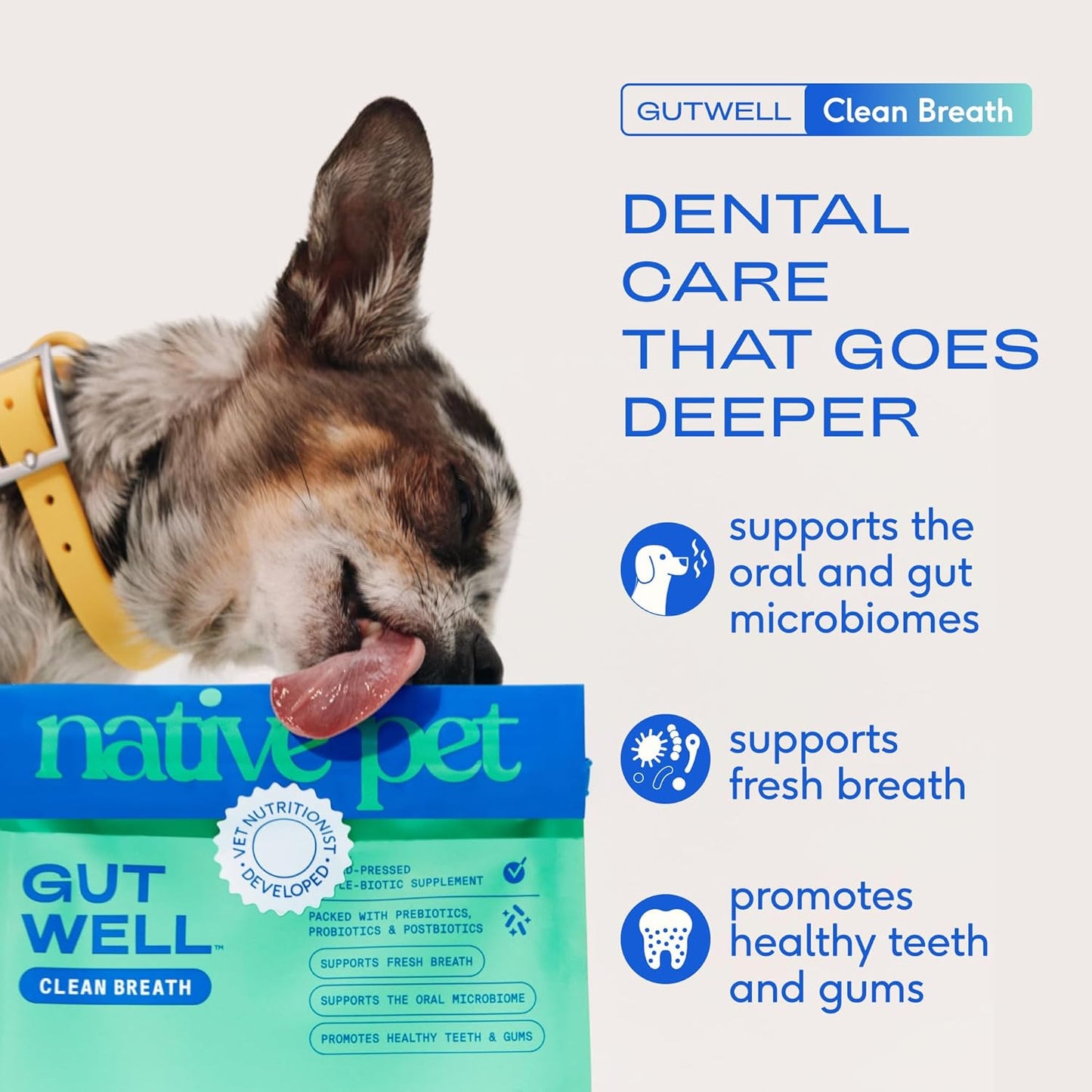 Gutwell Clean Breath - Dog Breath Freshener & Dog Dental Powder - Promotes Fresh Breath with Targeted Triple-Biotic Dental Care Blend - 60 Scoops