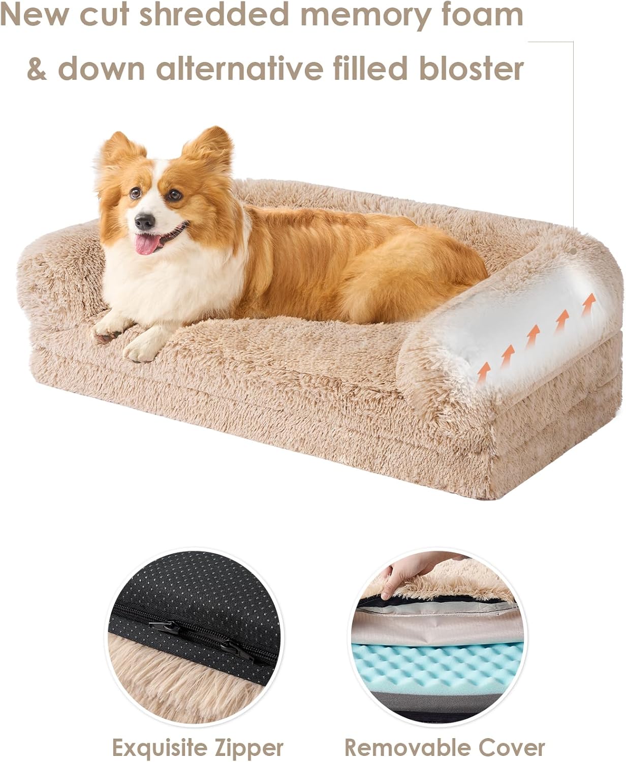 Foldable XXL Dog Bed for Large Sized Dog, 54"X38"X7.5" Faux Fur Fluffy Pet Couch Bed, Orthopedic Calming Memory Foam Big Pet Bed, Washable Pet Sofa Bed with Non-Slip Bottom, Camel