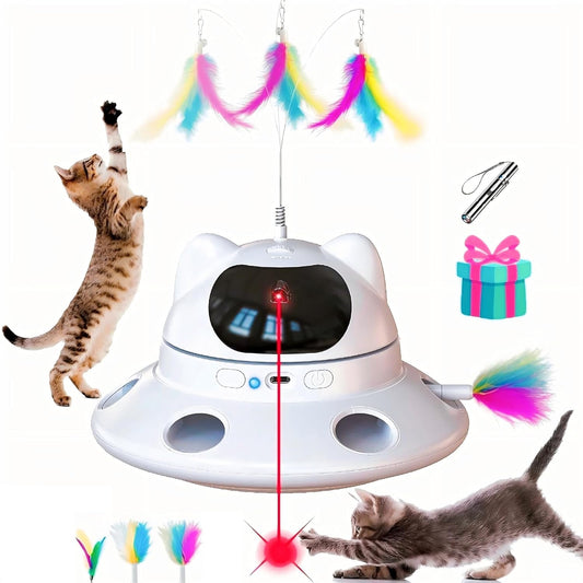 Cat Laser Toy,3-In-1Interactive Cat Toy Automatic Cat Toy with 360° Random Laser & Interactive Feather - 5 Laser Patterns, USB Rechargeable Motion Activated