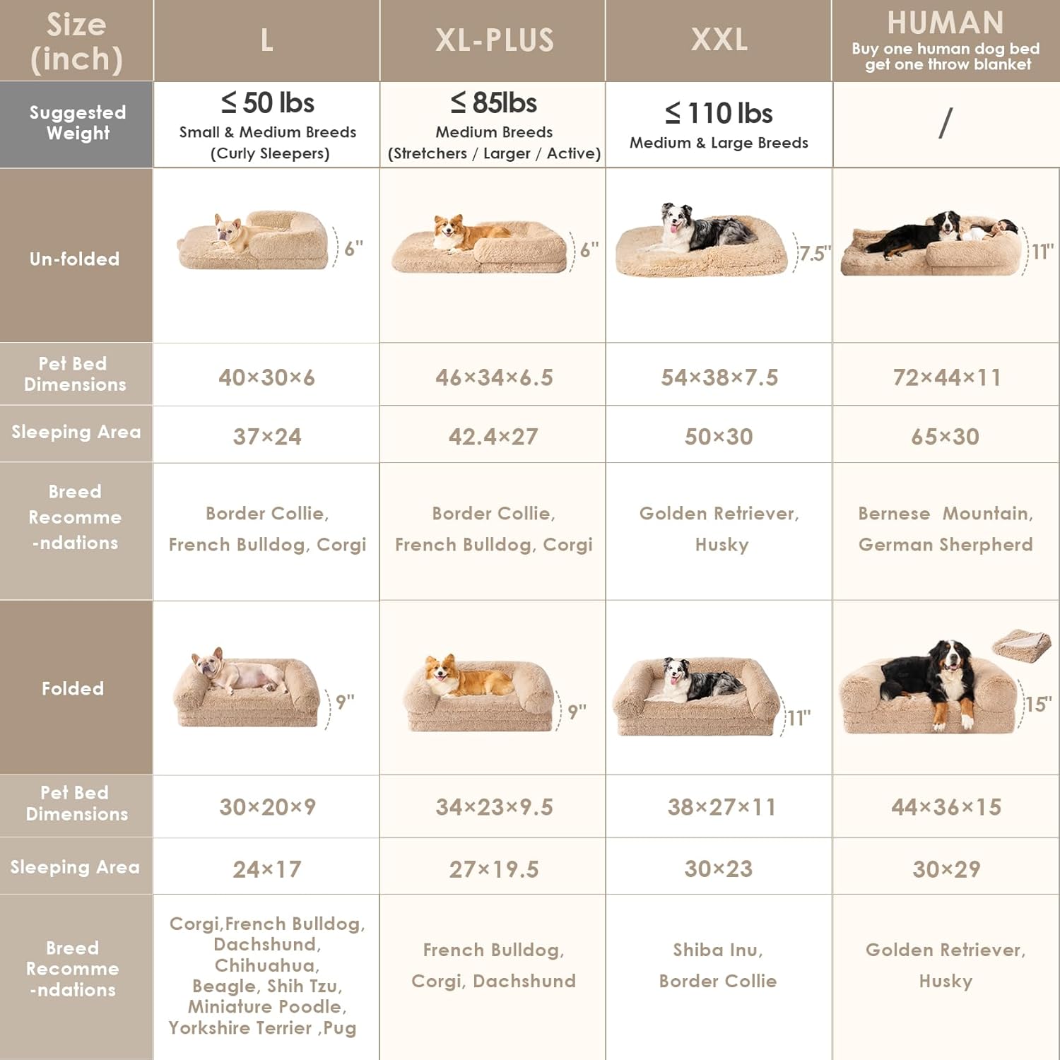 Foldable XXL Dog Bed for Large Sized Dog, 54"X38"X7.5" Faux Fur Fluffy Pet Couch Bed, Orthopedic Calming Memory Foam Big Pet Bed, Washable Pet Sofa Bed with Non-Slip Bottom, Camel