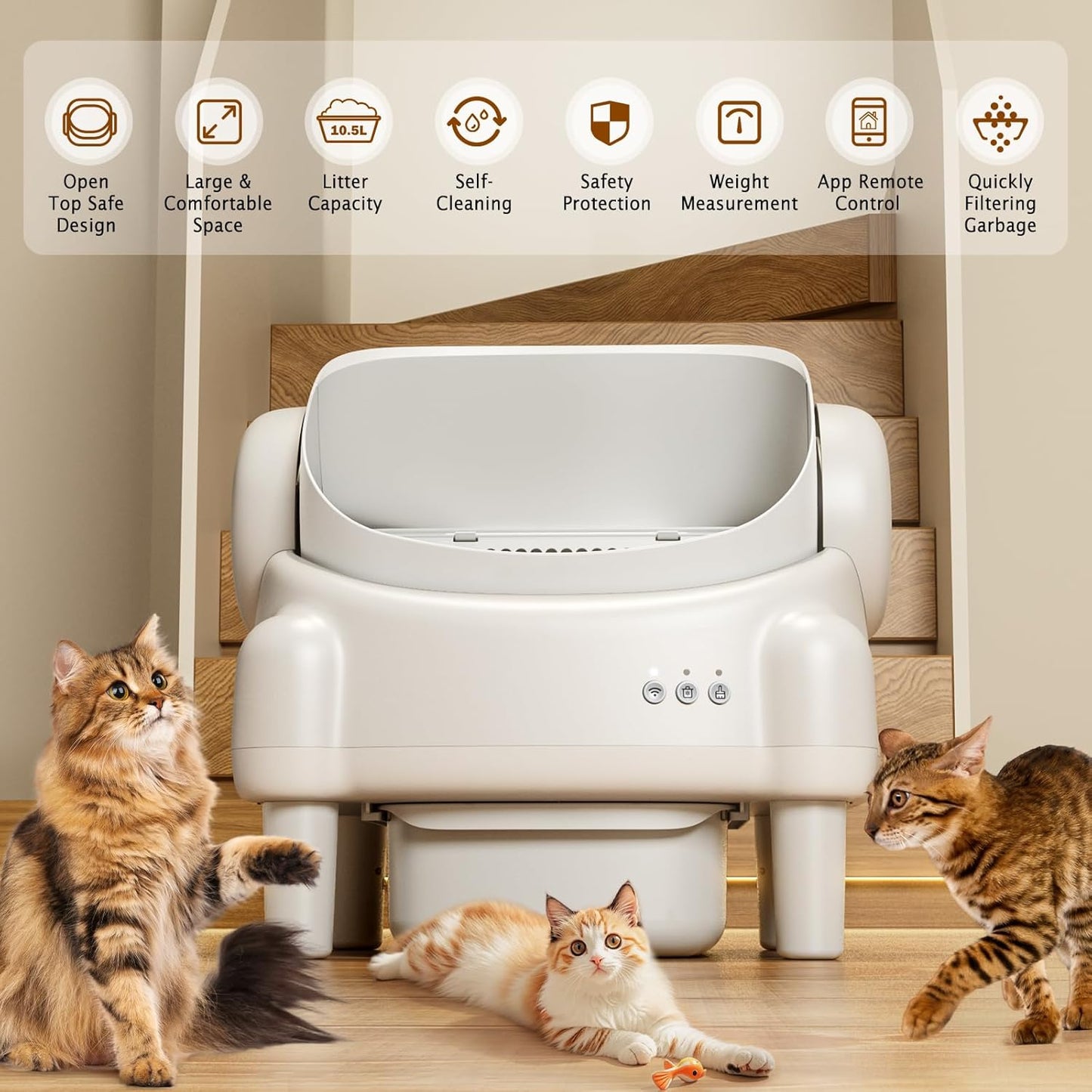 Automatic Litter Box with App Control for Multiple Cats, Safety Sensors Protection, Odor Control, Includes 2 Roll Liners, Large Waste Bin, Cream White