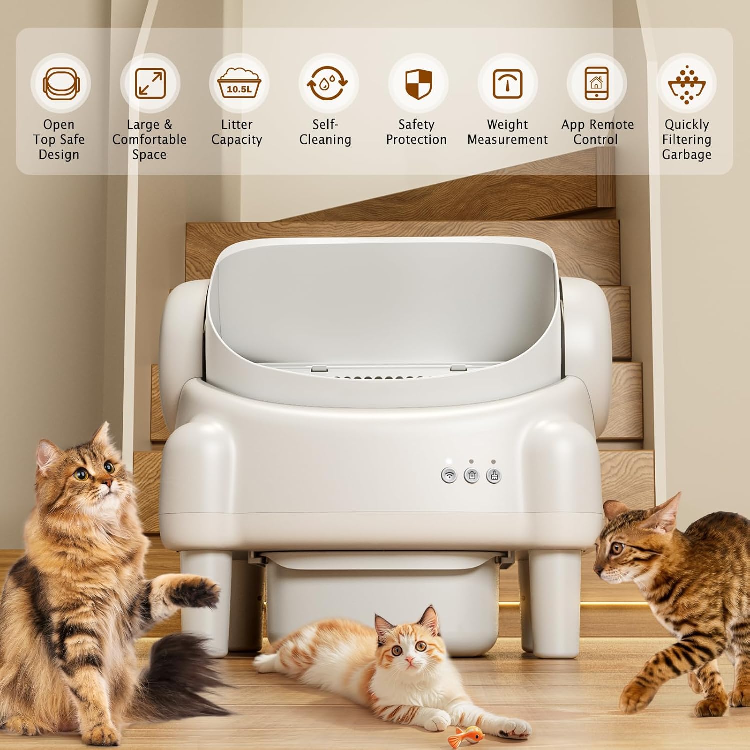 Automatic Litter Box with App Control for Multiple Cats, Safety Sensors Protection, Odor Control, Includes 2 Roll Liners, Large Waste Bin, Cream White