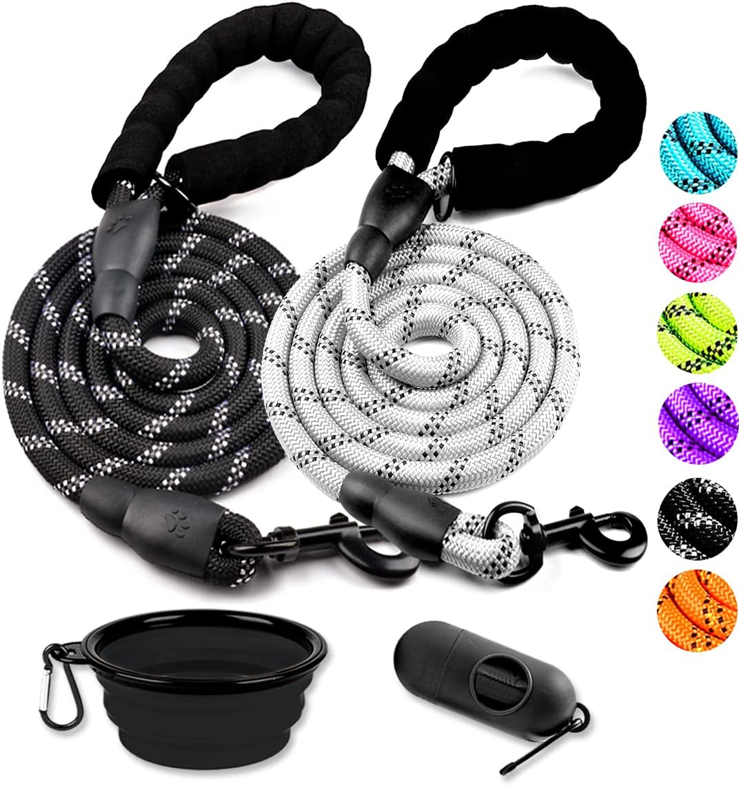 2 Pack Dog Leash 6 FT Heavy Duty - Comfortable Padded Handle - Reflective Dog Leash for Medium Large Dogs with Collapsible Pet Bowl Set 6-Black+Green