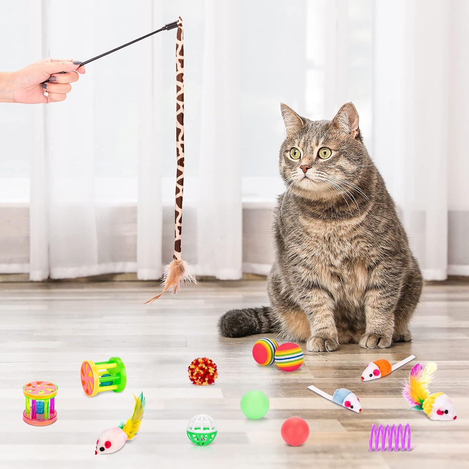 Cat Toys Bundle 33 Pack, Interactive Kitten Toys for Indoor Cats Kitty with Collapsible Play Tunnel Tube Tent Feather Wand Teaser Bell Fuzzy Ball Springs Mouse Toy